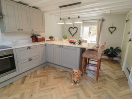 A kitchen with cabinets, a countertop, a bar stool, and a dog at 2 The Gardens Lechlade