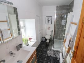 A bathroom with a sink, toilet, shower, and a mirror at Ti Maolla in Hollymount