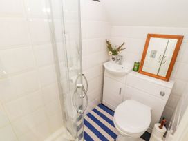 A bathroom with a shower, toilet, sink, and mirror at 11b Market Street in Narberth