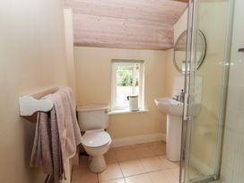A bathroom with a shower, sink, and toilet at The Coach House Cottage BALLYCOMMON