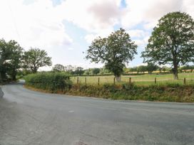 A curving road with trees and a field at Buzzards Retreat in Wrexham