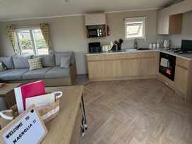 A living room and kitchen area with a sofa and kitchen appliances at Trecco bay holiday park- Magnolia 11, Porthcawl