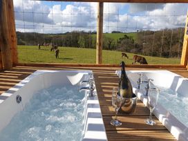 An outdoor area with hot tubs and a view of grazing horses at a countryside location