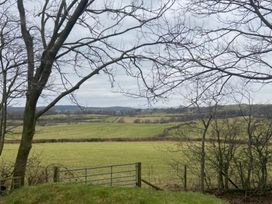 A view of fields and hills with trees in the foreground at an outdoor location
