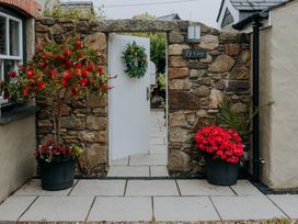 A stone pathway with a white door and flower pots at Ty Cosy in St Davids