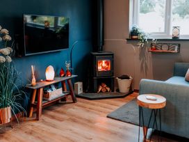 A living room with a stove and television at TyCosy in St Davids