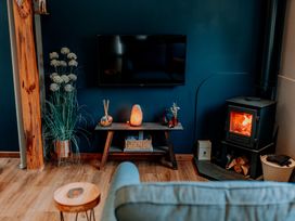 A living room with a television and wood stove at TyCosy in St Davids