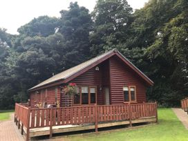 A cabin with a deck and flower pot in front at Stunning 2 Bedroom Pet Friendly Lodge in Bridlington