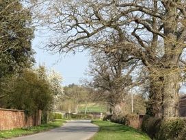 A road lined with trees and hedges in a rural area