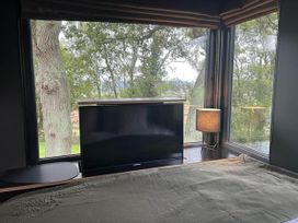 A bedroom with a television and a lamp near a window at The Old Barn in Newton Abbot