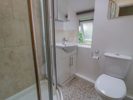 A bathroom with shower, sink, toilet, and cabinet at Awelfryn in Betws-y-Coed