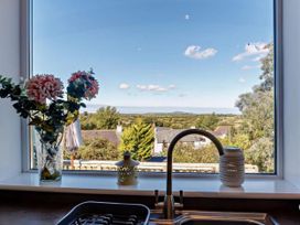 A kitchen window with flowers and sink at Cottage Sleeps 5 with Parking and Garden in Carreglefn