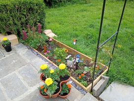 A flower bed with marigolds and a garden gnome at Studio Sleeps 2 with Parking and Garden, Trewidland near Liskeard