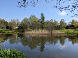 A lake with reflections of trees and cabins at Felmoor Park near Felton