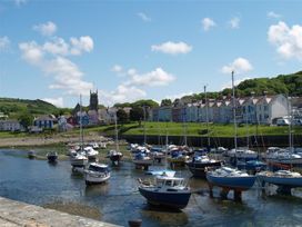 A view of boats in water with buildings and trees at Dewi Villa Apartment Aberaeron