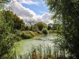 A pond surrounded by trees and grasses at Willow Lodge in Stowmarket
