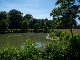 A pond surrounded by trees and bushes at Lakewood Plot 6 St. Osyth