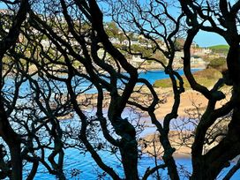 A view of water and beach through tree branches at Beachstone in Salcombe