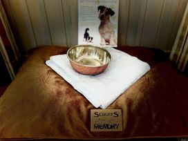 A pet area with a bed, bowl, blanket, and information sheet at Stunning Sleeps 6 Luxury Lodge Pets Mercia Marina near Willington, Derbyshire