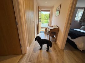 A hallway with dogs and a table at Little Red Barn Wallop near Westbury