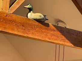 A wooden beam with a duck decoration at Little Red Barn in Wallop near Westbury