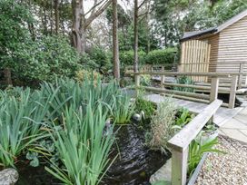 A garden with a pond and a wooden bridge at Brambleside Lodge Truro