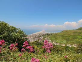 A view of the ocean and houses from a hill with flowers at 57 High Street in Portland