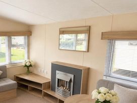 A living room with a sofa, fireplace, and coffee table at Billing Aquadrome Holiday Park 2bed Caravan Northampton
