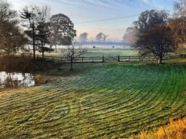 A view of a grassy field with trees and a fence near cows at Simple Coastal Luxury near Southwold sleeps 10 near Southwold
