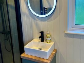A bathroom with a sink and mirror at Peaceful Shepherd Hut near Clovelly Buckland Brewer near Great Torrington
