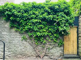 A wall with ivy plant and wooden door at Muddy Boots – Arcade Royale in Kirby Stephen