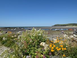 A beach with boats in the water and flowers in the foreground at Hafan y Tyddyn 