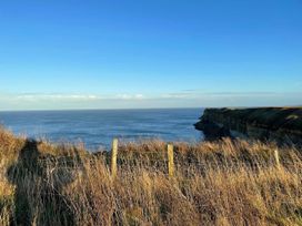 A view of the ocean and cliffs at Blue Dolphin Holiday Home in Gristhorpe