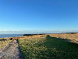 An outdoor view of grassland leading to the ocean at Blue Dolphin Holiday Home in Gristhorpe