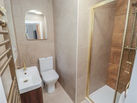 A bathroom with a toilet, sink, and shower at Flat 4 in Tenby