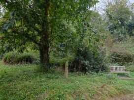 A public footpath sign near a bench and tree at Coombe Cottage Apartment Axmouth