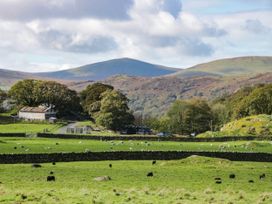 A pasture with sheep and cattle near a barn at 2 High Moss House in Broughton-in-Furness