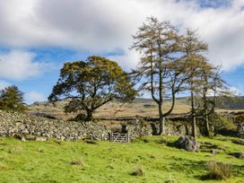 A view of trees and a stone wall with a gate in Broughton-in-Furness
