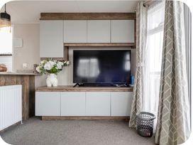 A living room with a television and storage unit at Brookwood Willerby, 36 bay view Filey