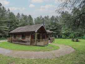 A wooden lodge with a porch and a grill on a grassy area surrounded by trees at Birch Lodge in Rosliston