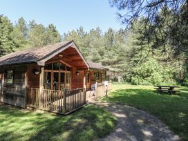 A wooden lodge with a fenced porch surrounded by trees and a picnic table on grass at Birch Lodge in Rosliston