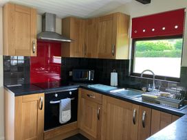 A kitchen with cabinets, cooker, sink, and microwave at Bluebell Lodge in Saltburn-by-the-Sea