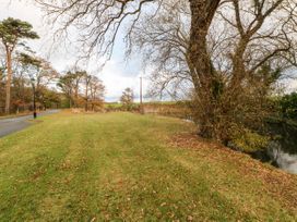 A grassy area with scattered leaves beside a road and large trees near a body of water at Violet Lodge in Saltburn-by-the-Sea