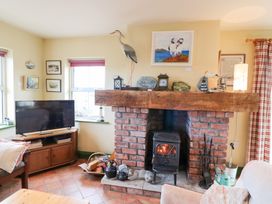 A living room with a fireplace and television at Herons Cove Cottage in Ballydehop