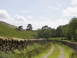 A path leading through a landscape with stone walls and trees at Copper Beech Cottage in Torver