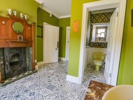 A room with green walls a patterned tile floor a fireplace and a door leading to a bathroom with a green toilet at Plas Gwynfryn in Llanbedr