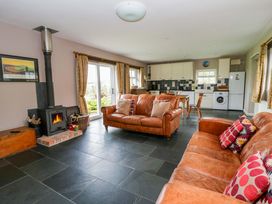 A living room with a stove and sofa at Blaenffynnon Bach in Trelech near Crymych