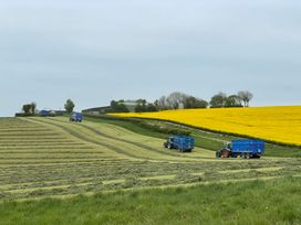 Tractors with trailers in a field with yellow flowers at Rowdens Barn in Winterborne Stickland