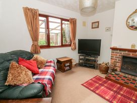 A living room with a green sofa and plaid throw near a window and television next to a fireplace at Bryn yr Haf in Llanfair Clydogau near Lampeter