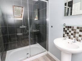 A bathroom with a shower, toilet, and sink at Cariad Cottage in Cross Inn